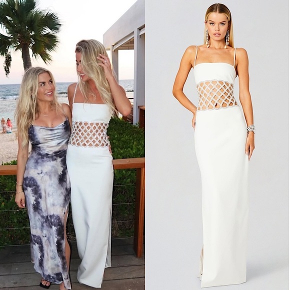 NWT RETROFETE Crystal & Pearl Embellished Lattice Waist Cutout Sleeveless Gown S - Picture 3 of 11